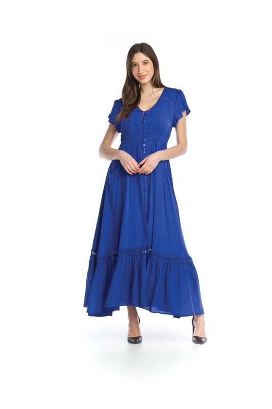 Blue maxi dress with short sleeves and lace trim.