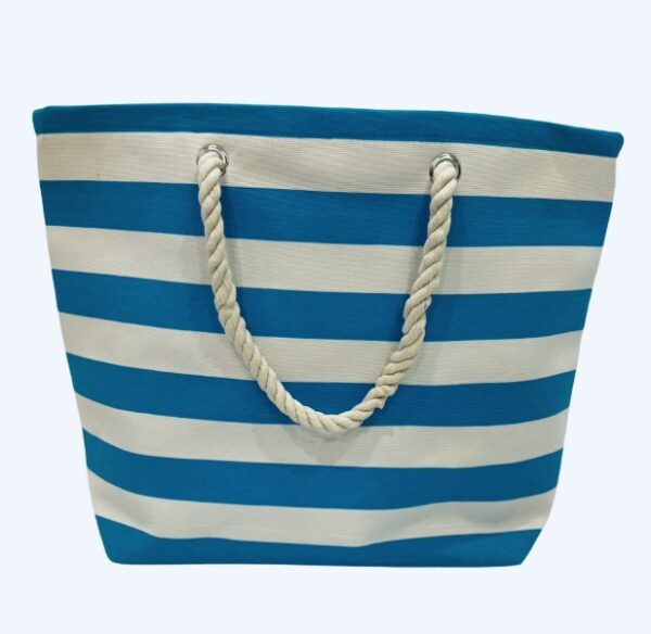 Blue and white striped canvas tote bag with rope handles.